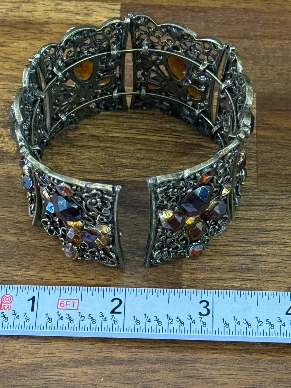 **Antique Brass Boho Filigree Cuff with Amber/Topaz/Citrine crystals Butterfly